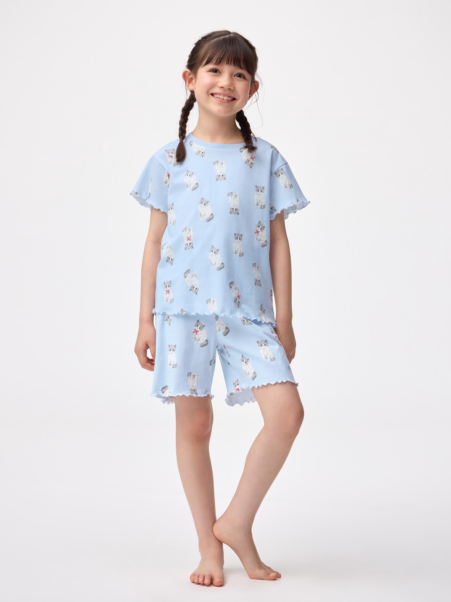 Хлопковый домашний комплект (короткий рукав и шорты) GIRLS «Кот» — GU
