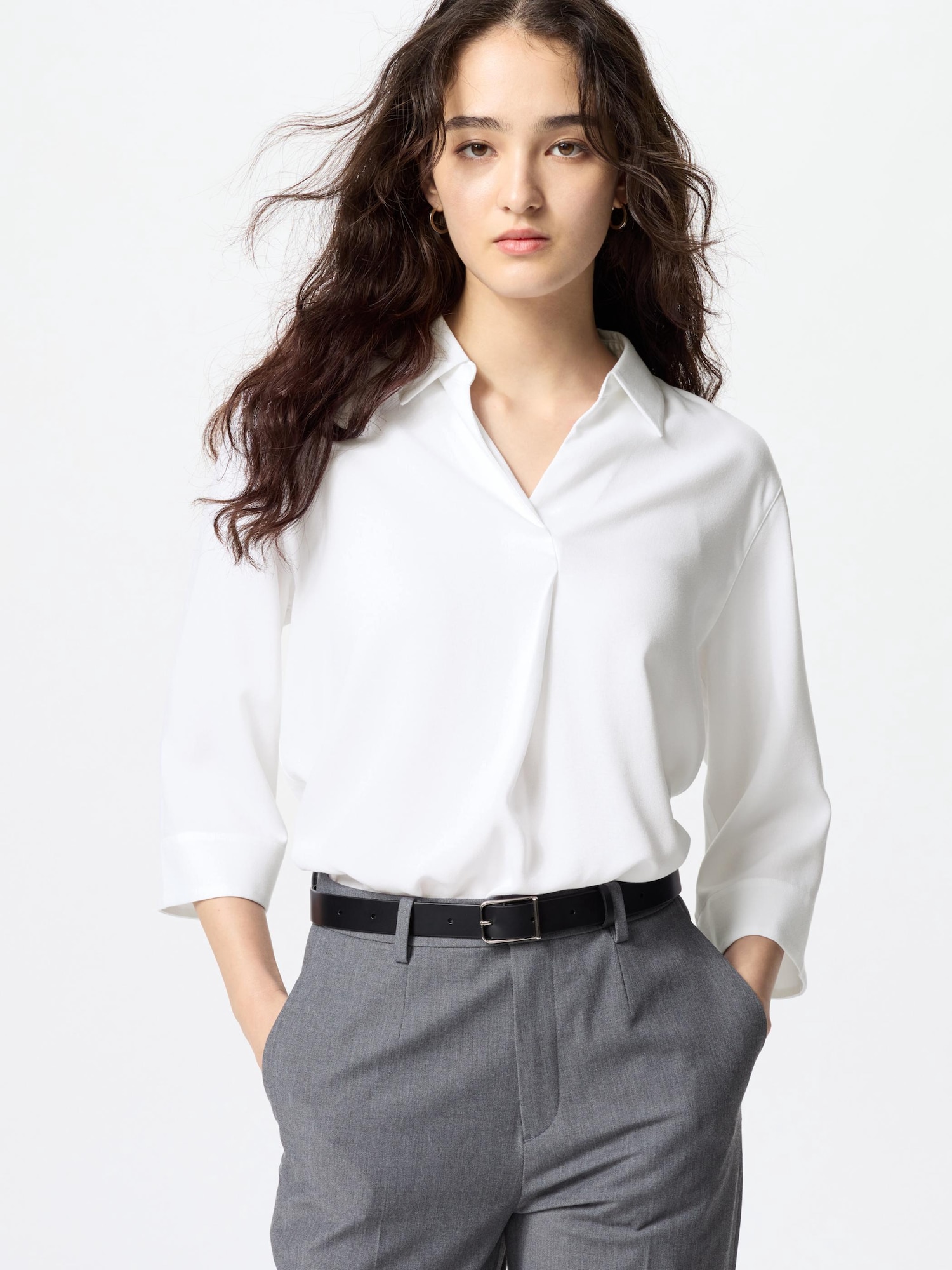 Блузка из вискозы со скиппер-воротником, рукав 3/4 — UNIQLO