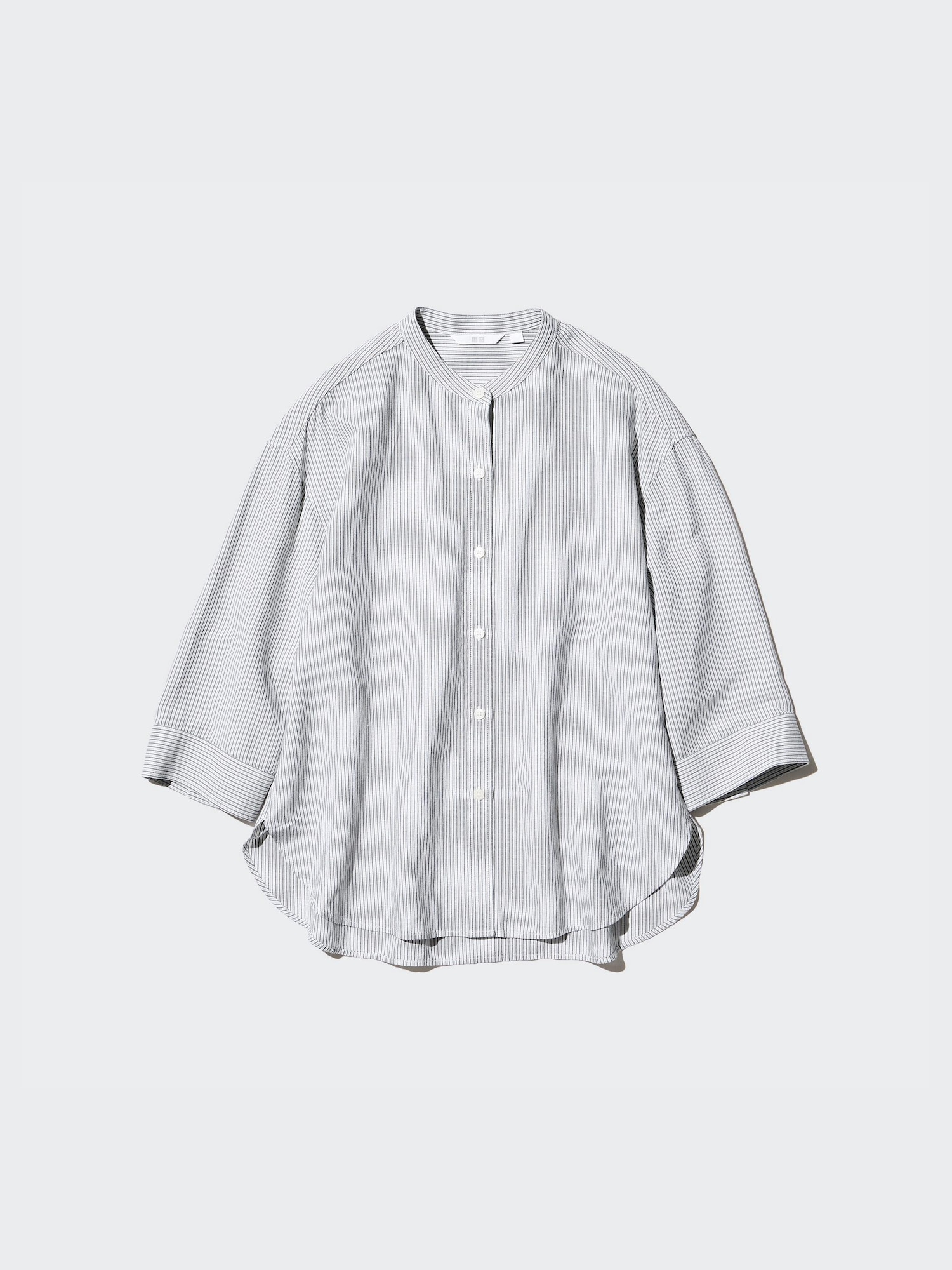 Рубашка в полоску из льняной смеси с воротником-стойкой, рукав 3/4 — UNIQLO