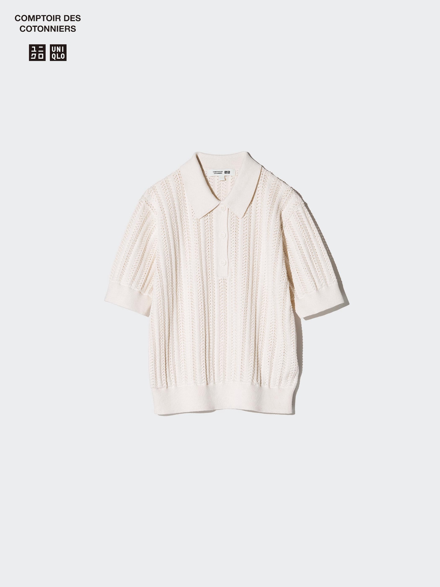 Хлопковый свитер-поло ажурной вязки, короткий рукав — UNIQLO