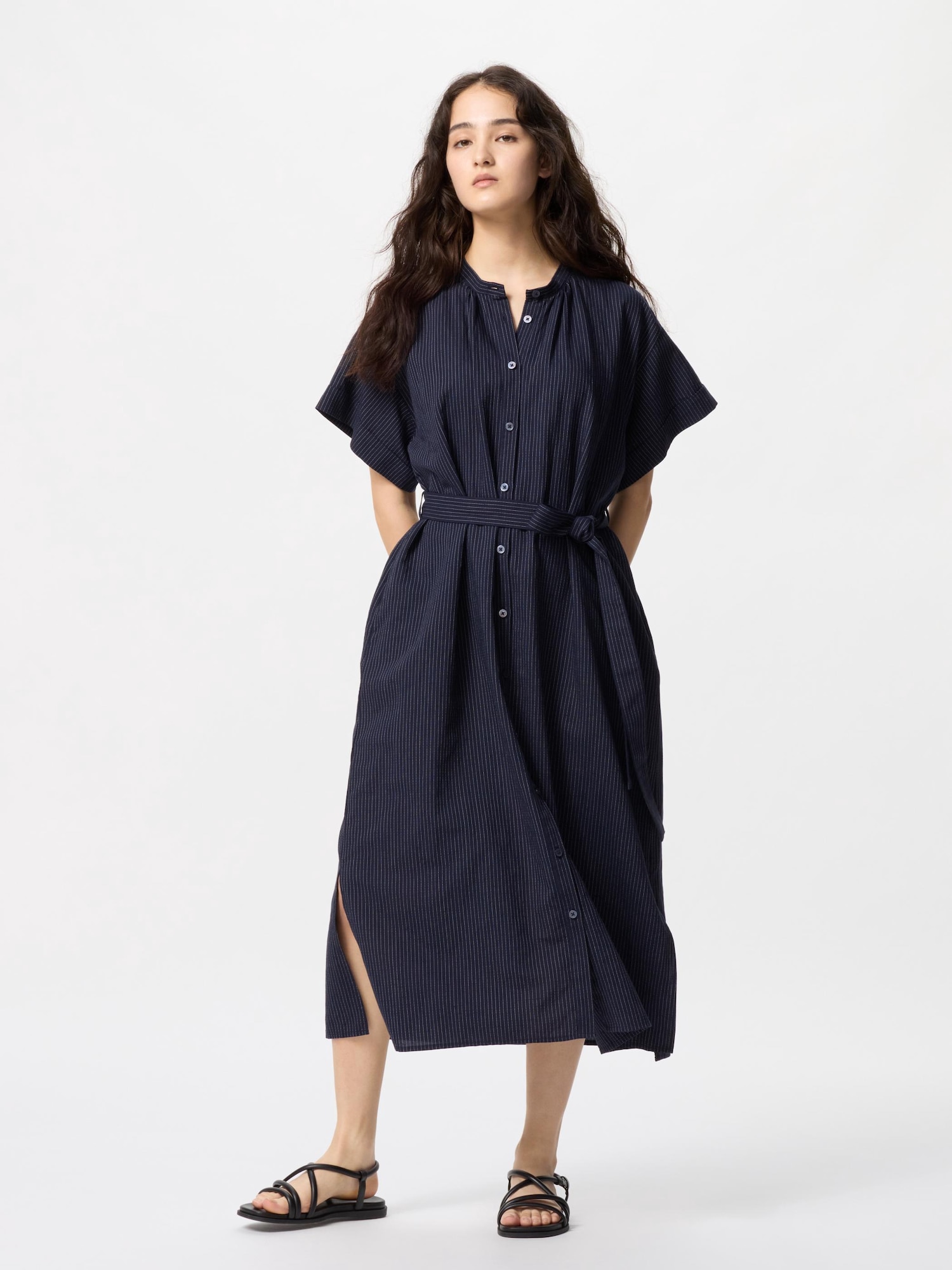 Платье свободного кроя из льняной смеси, короткий рукав — UNIQLO
