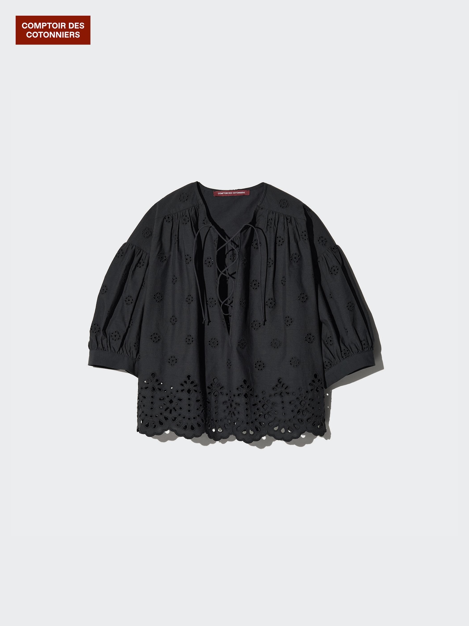 Хлопковая блузка с вышивкой, средний рукав — UNIQLO