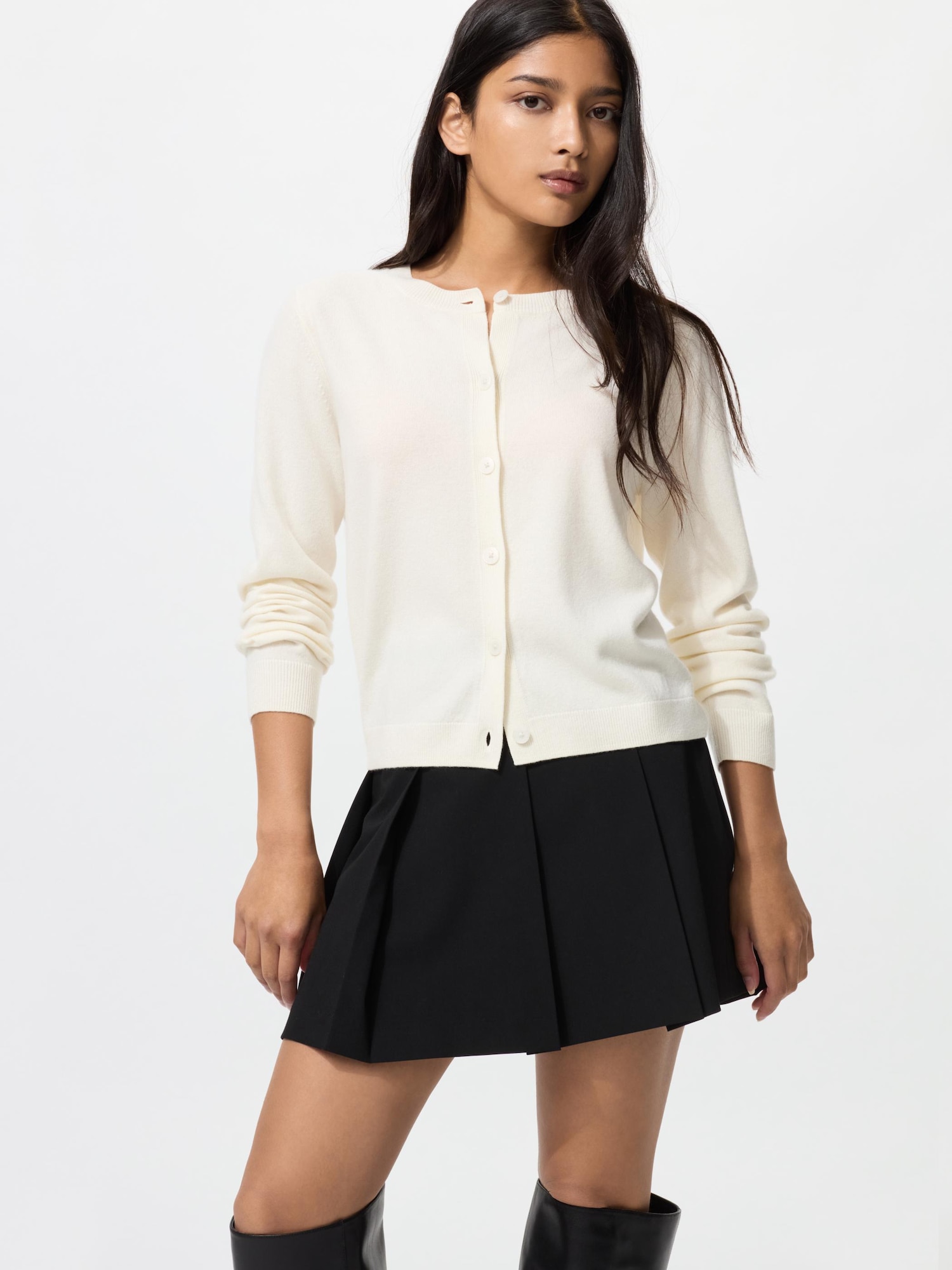 Кашемировый укороченный кардиган с круглым вырезом — UNIQLO