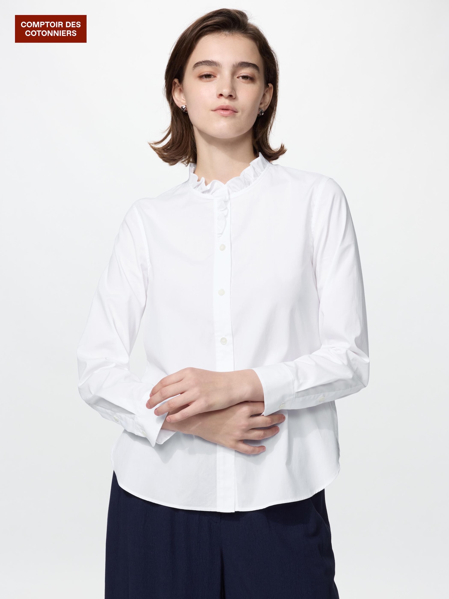 Хлопковая эластичная рубашка с оборками — UNIQLO