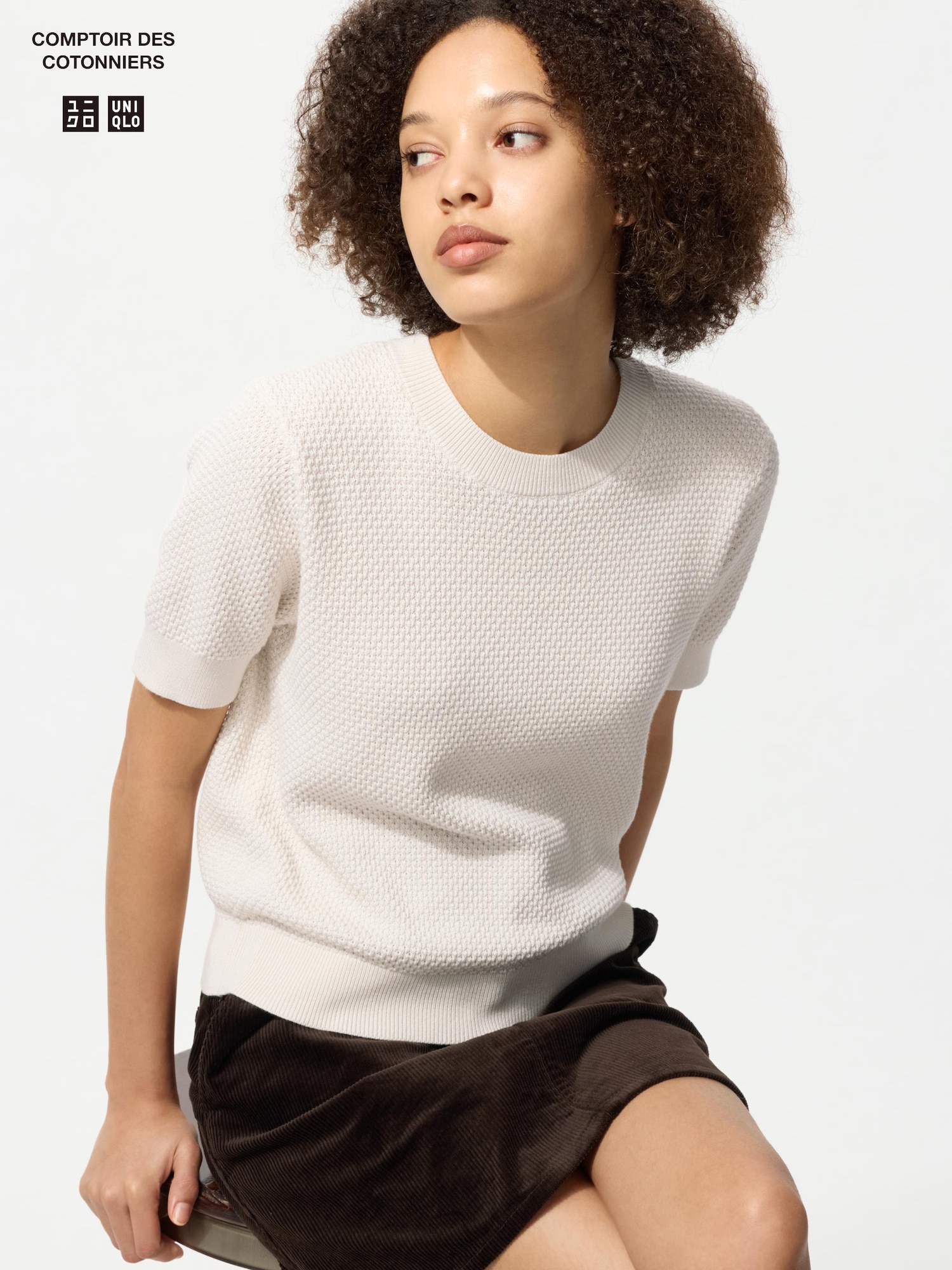 Свитер из хлопка фактурный с круглым вырезом (короткий рукав) — UNIQLO