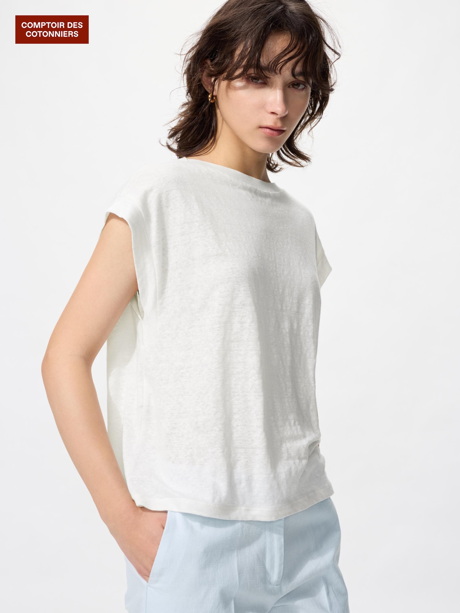 Льняная футболка с французским рукавом свободного кроя — UNIQLO