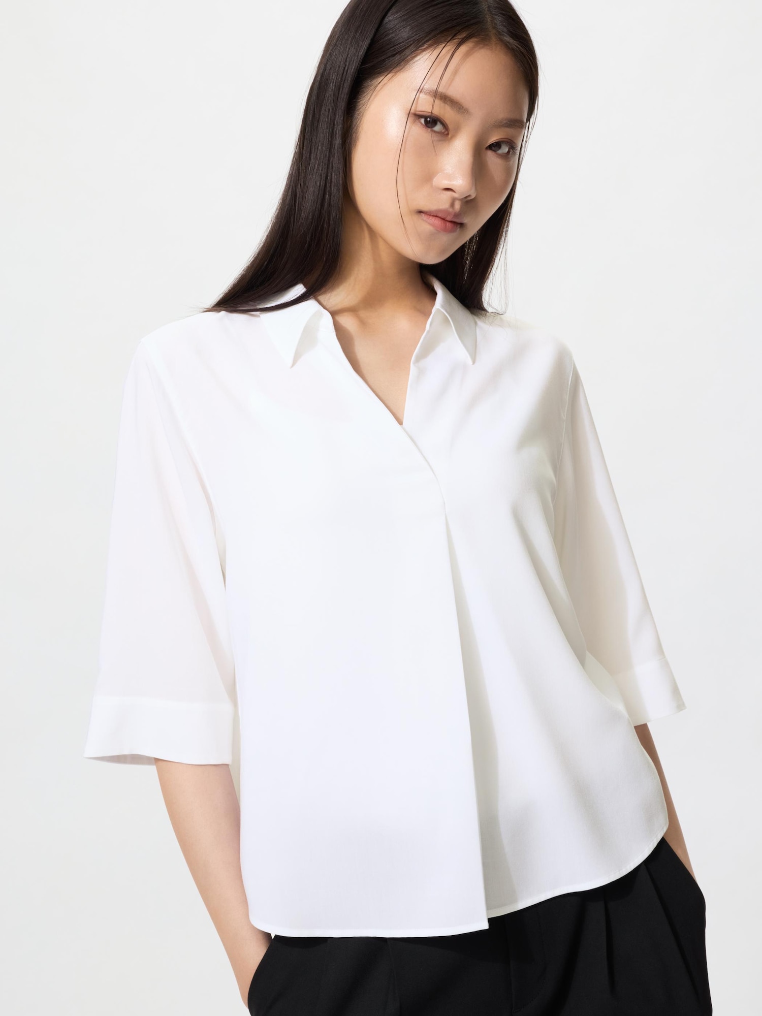 Блузка из вискозы со скиппер-воротником, рукав 3/4 — UNIQLO