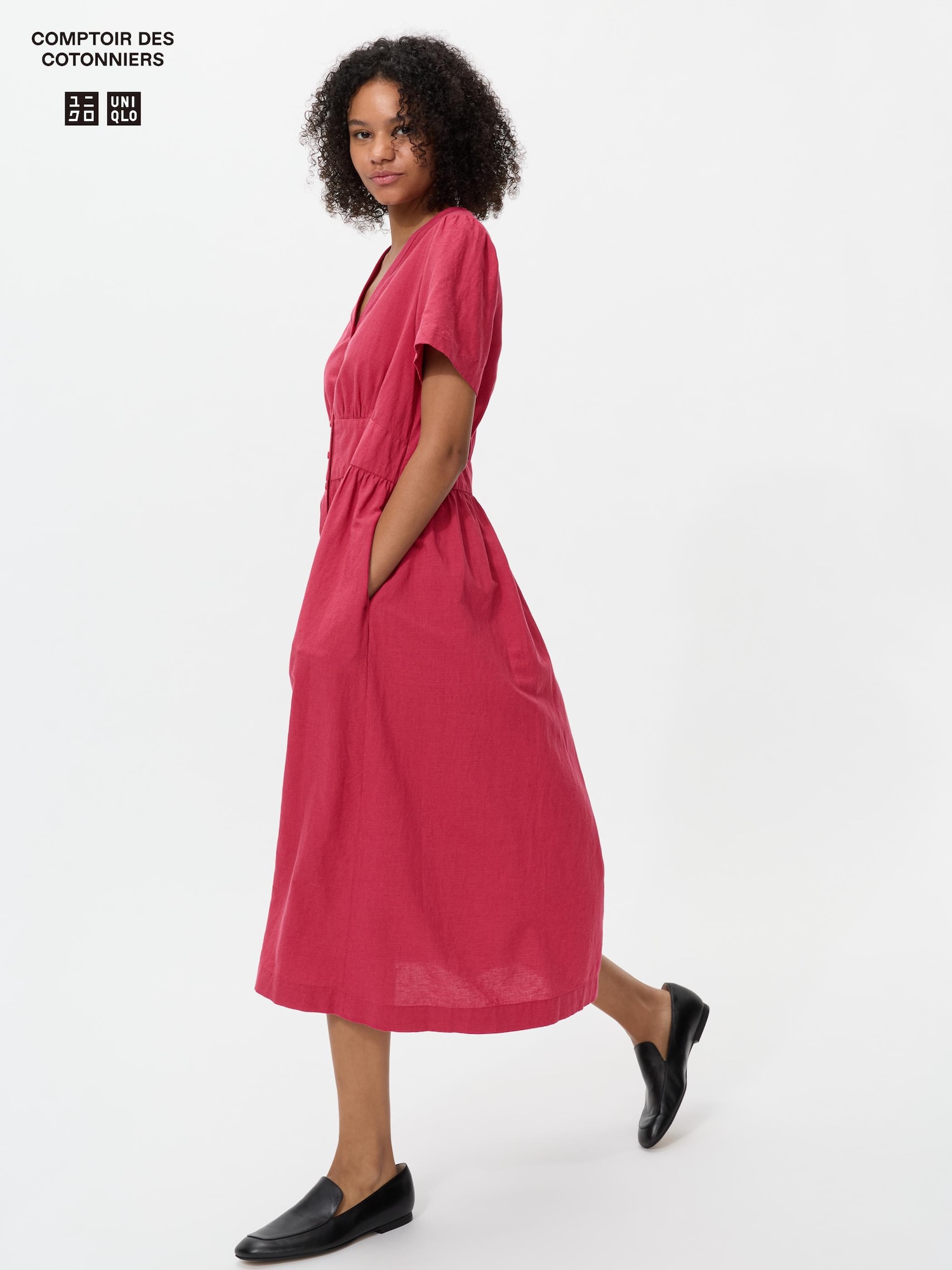 льняное платье с V-образным вырезом — UNIQLO