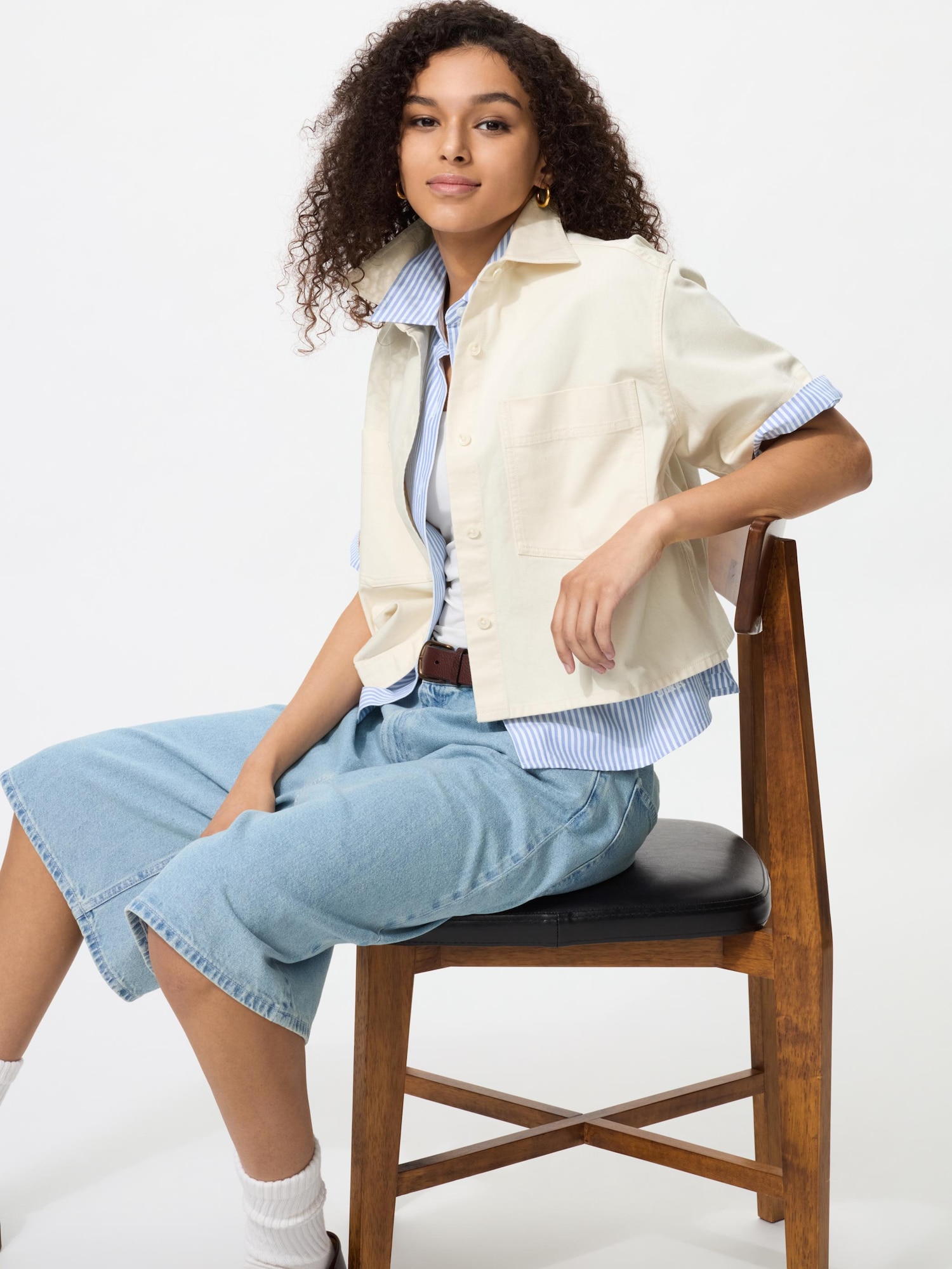 Джинсовая рубашка 5/10 рукав — UNIQLO