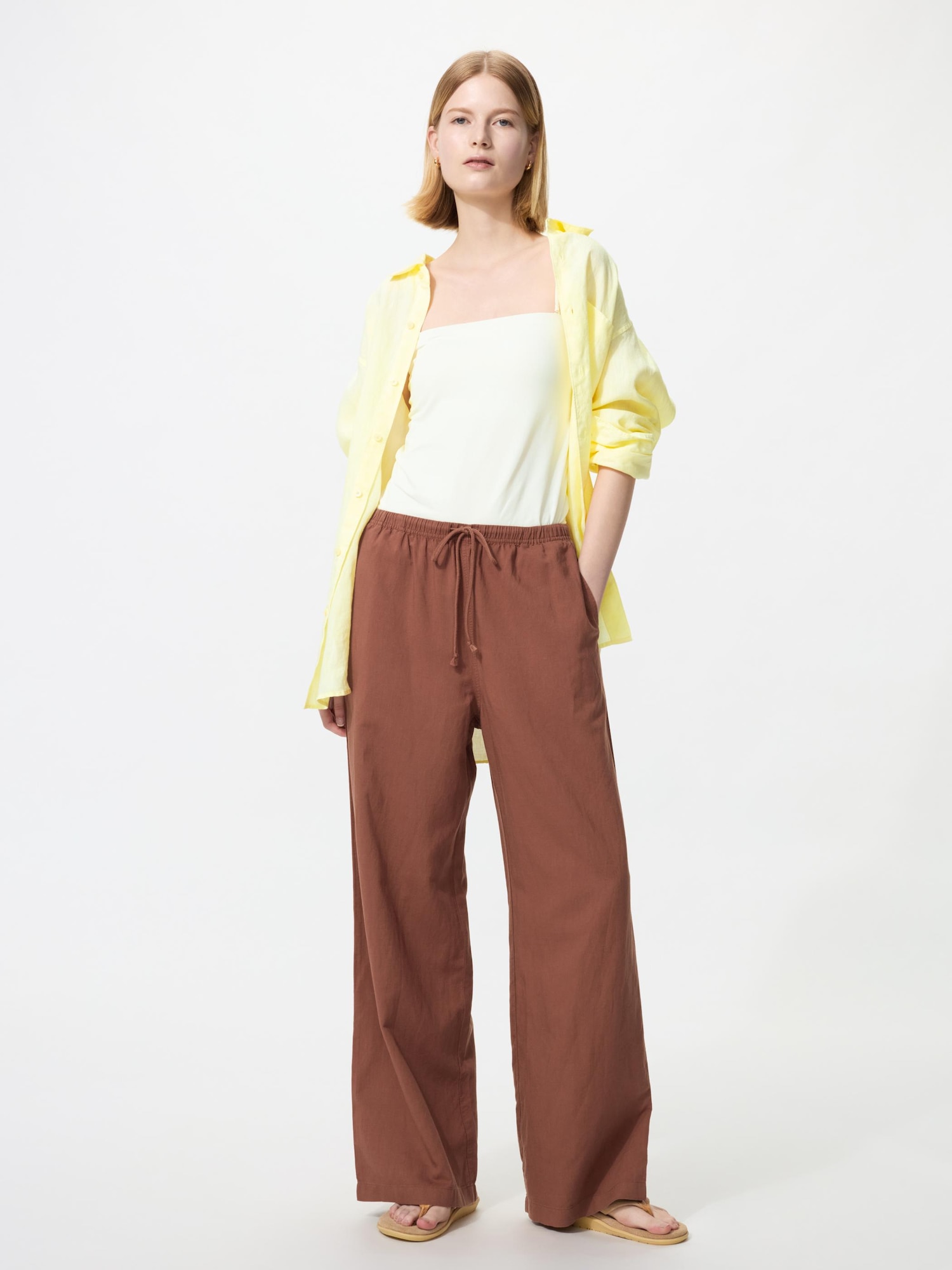 Льняные свободные брюки удлиненные — UNIQLO