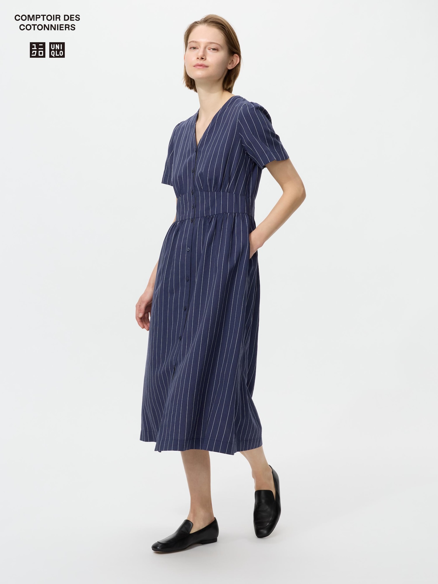 льняное платье V-образный вырез/полоска — UNIQLO