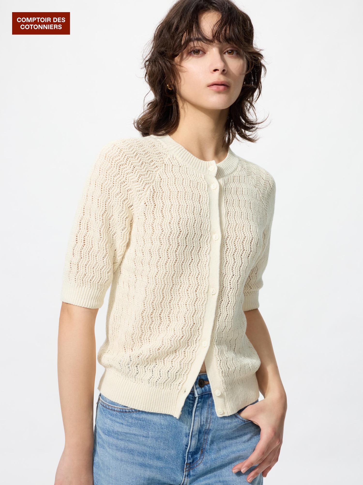 Кардиган лен круглый вырез рукав — UNIQLO