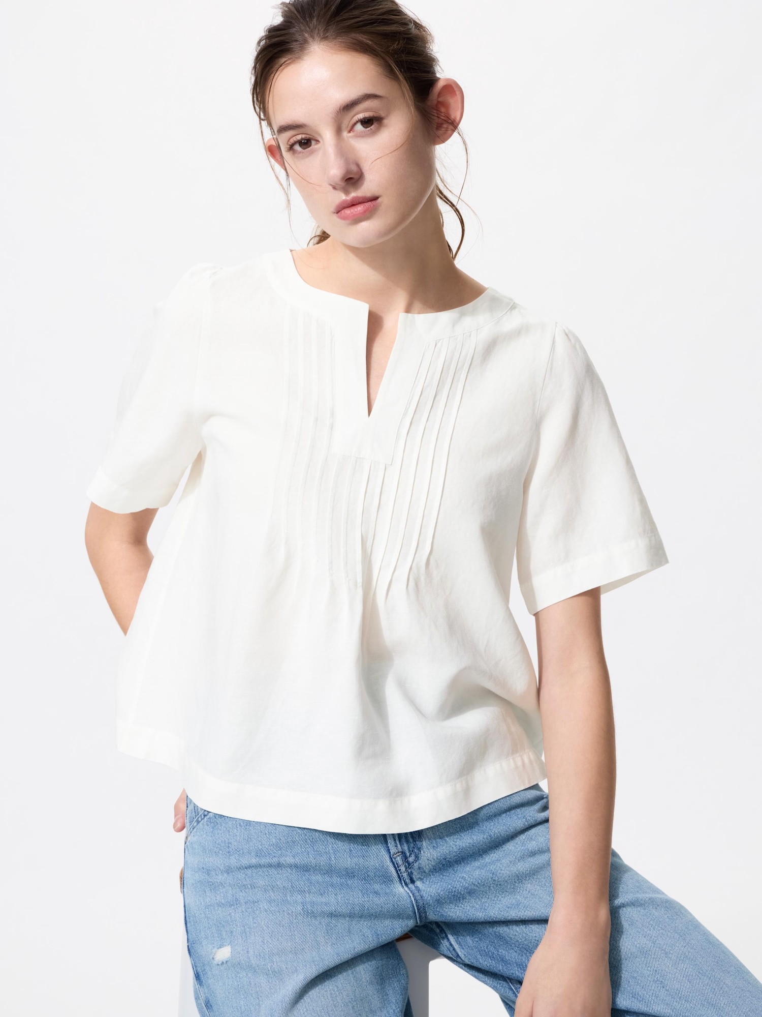 Блузка лен с замком на горле — UNIQLO