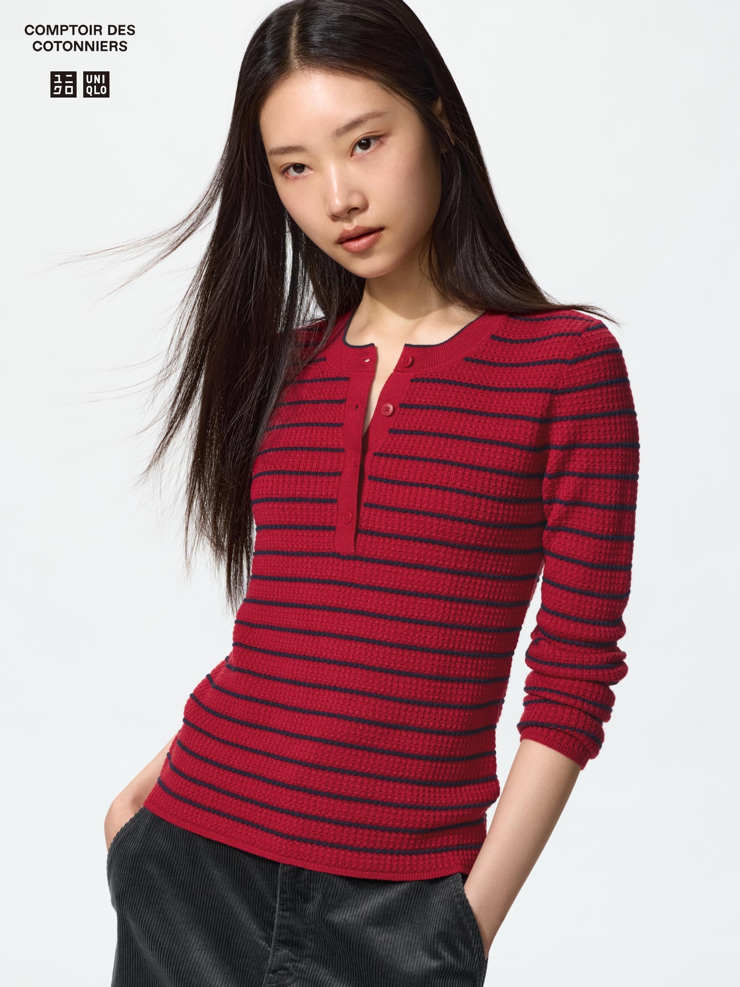 Свитер с воротником-хенли из мериносовой смеси — UNIQLO