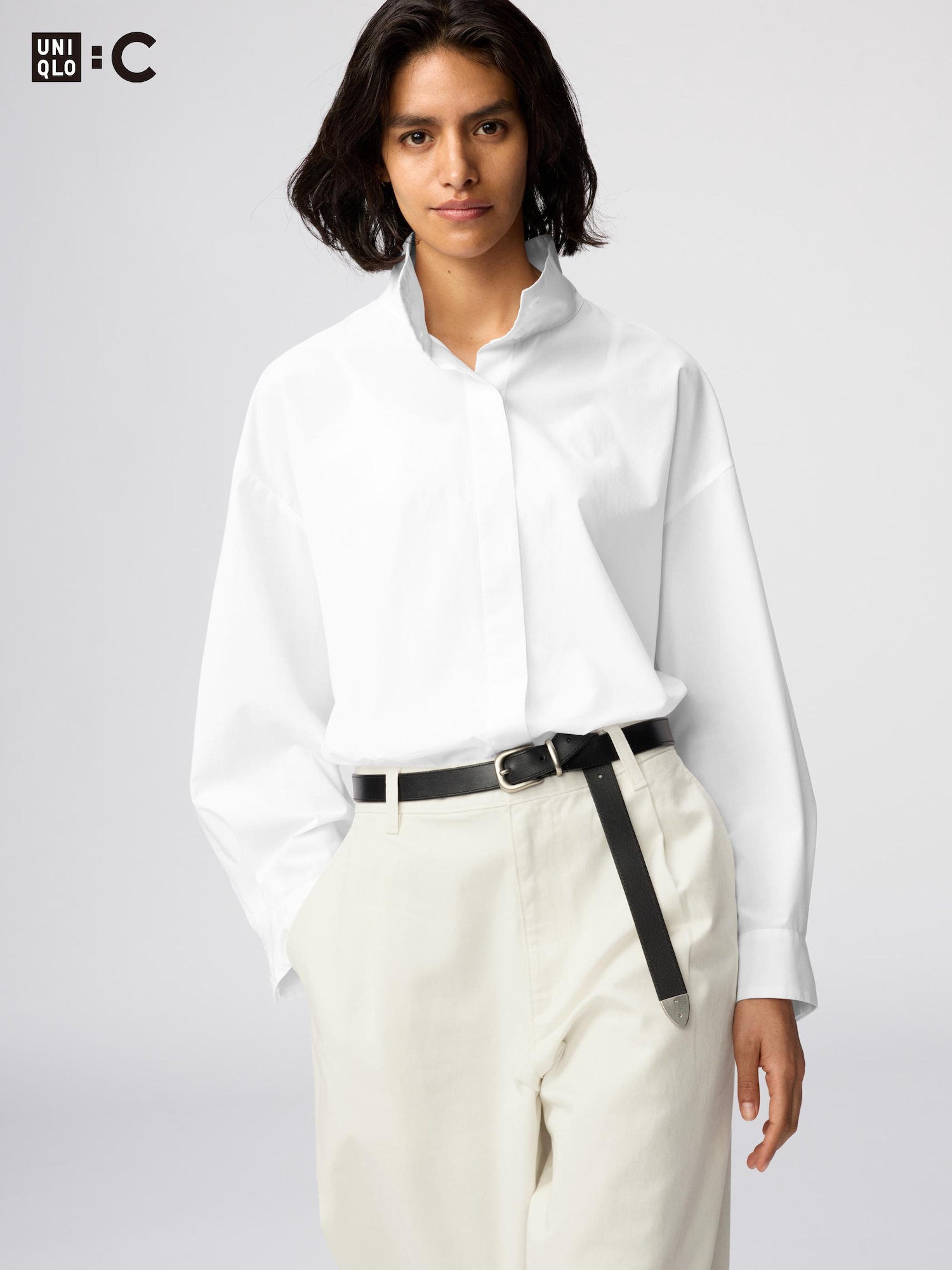 Котоновая рубашка с стоячим воротником — UNIQLO