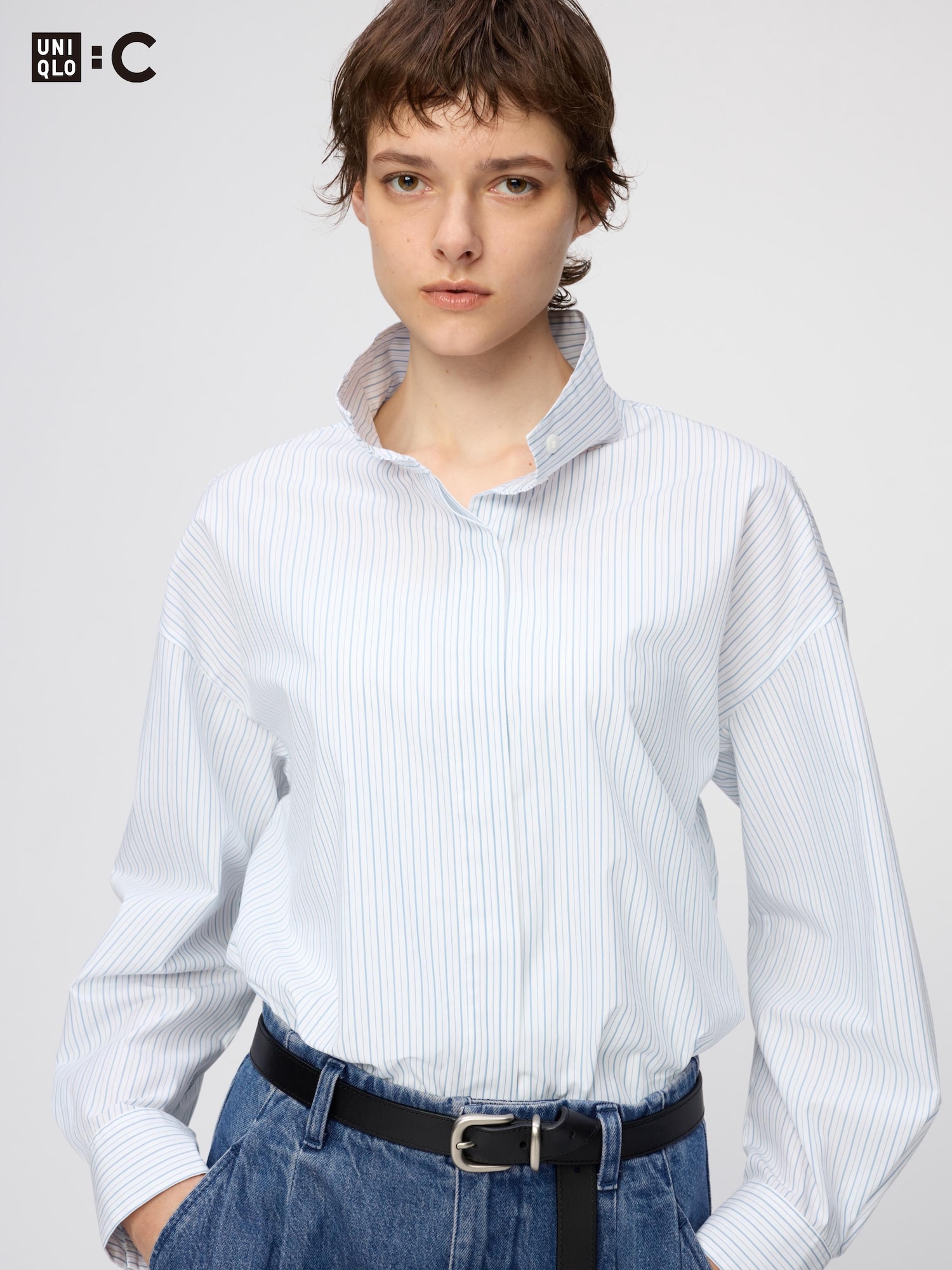 Котоновая рубашка с стоячим воротником — UNIQLO