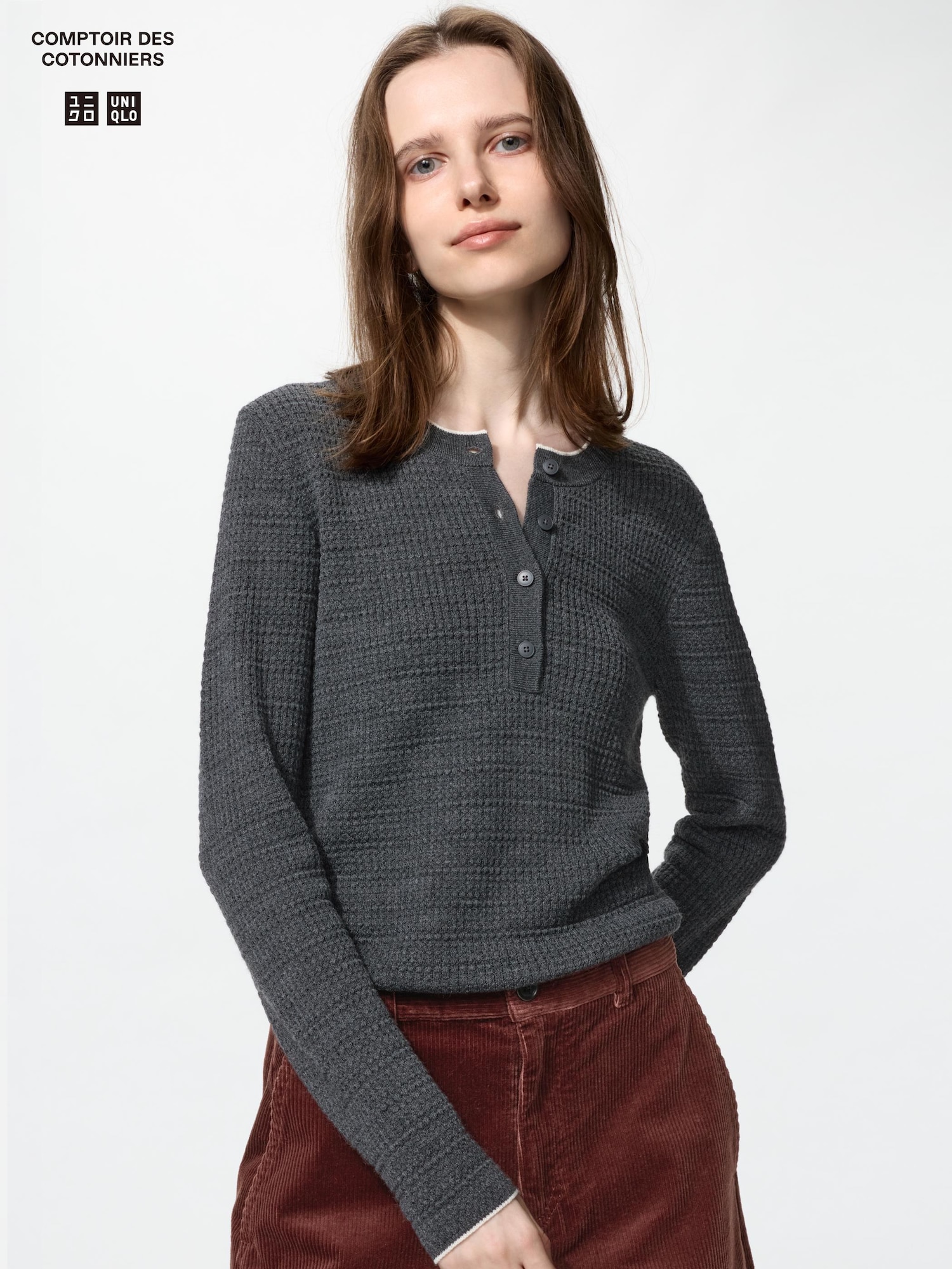 Свитер с воротником-хенли из мериносовой смеси — UNIQLO